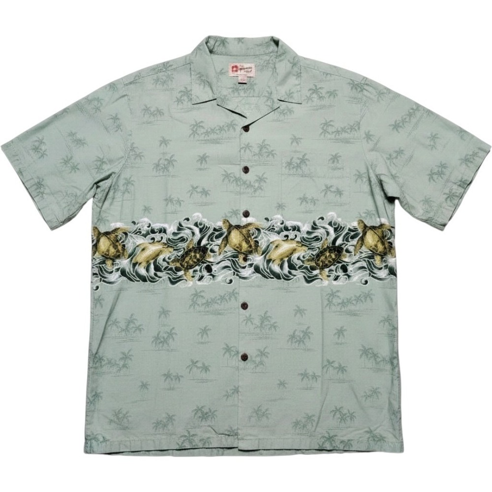 Hilo Hattie Hawaiian Shirt Green Palm Trees Sea Turtles Button Up Mens 2XL